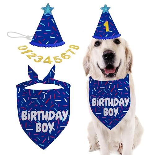 Dog Birthday Bandana Set, Blue Birthday Boy Decorations, HBD Party Supplies with Hat Kerchief Numbers for Pets (Blue) Dog Birthday Bandana Set, Blue Birthday Boy Decorations, HBD Party Supplies with Hat Kerchief Numbers for Pets (Blue)
