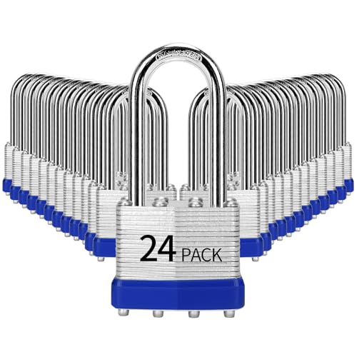 Image of Padlocks Keyed Alike, Pack of 24, Laminated Steel Keyed Lock (1-9 /16 inch, 40mm), Padlocks with Same Key, Long Shackle, for Toolbox, Locker & Storage Unit, and More