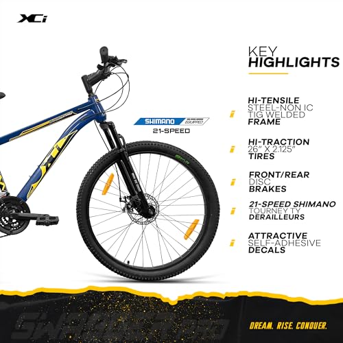 Image of XCi Swagger Pro Mountain Bike | 26-Inch Tyres | Tuf Shox Suspension | 21-Speed Shimano Gears | Mechanical Disc Brakes | Youth 12+ Years |17-Inch Ultra Light Steel Frame | Blue Yellow