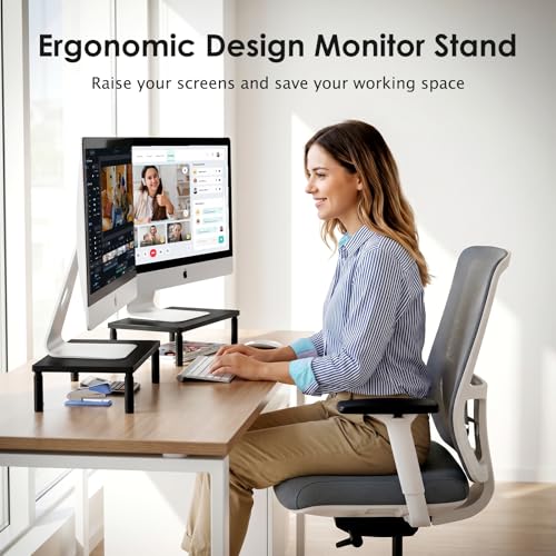Image of ECOLOVI Adjustable Wood Computer Monitor Stand Riser, Office Desk Organizer and Accessories for Monitor, Laptop, PC, Printer, Office Desk Accessories Workspace Organizer for Home Office Supplies, Black