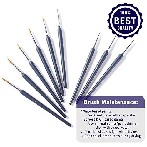 OOKU Detail Paint Brush Set 9pc- Professional Tiny Minature Fine Detail Brushes for Art Painting, Face Painting, Detailing, Model Craft Art Painting - Black Wooden Handle & Wool Storage Wrap Organizer