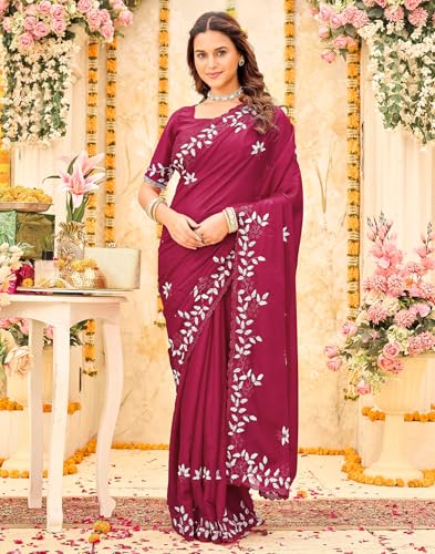 Image of SIRIL Women's Shimmer Georgette Embroidery & Scalloped Border Saree With Unstitched Blouse Piece