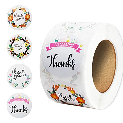 500 Pack Thank You Stickers Thank You Labels Roll of Round Stickers for Small Business 1.5 Inches Floral Thank You Circle Sticker Perfect for Birthdays Party Wedding Bags Envelopes (4 Designs)