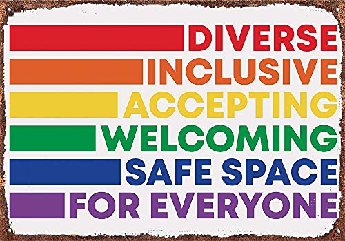 Graman Vintage Decorative Metal Signs Diverse Inclusive Accepting Welcoming Safe Space for Everyone Classroom Nursery Kids Poster Rainbow Metal Tin Sign Wall Decor 8x12inch