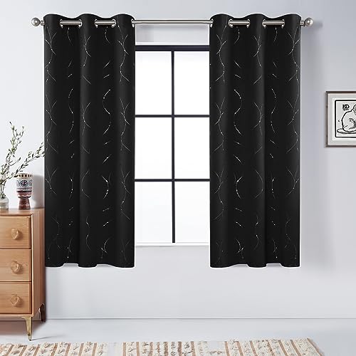 BUHUA Black Blackout Curtains for Living Room, Light Blocking Curtains, Thermal Insulated Curtains with Wave Dots and Line (38 x 45 Inch, Black, 2 Panels)