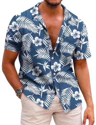 COOFANDY Tropical Shirts for Men Hawaiian Shirt Funky Flower Beach Shirts Short Sleeve Shirts Summer Shirts Button Up Shirts Holiday Shirts for Men C-Navy Blue L