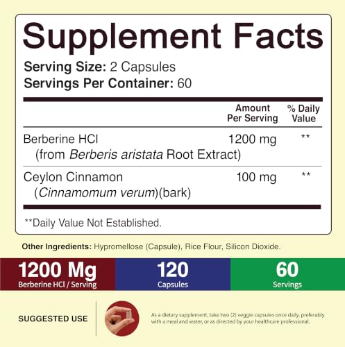 Image of NutriFlair Berberine HCl 1200mg, 120 Capsules - Plus Ceylon Cinnamon, Berberine HCI Root Supplements Pills - Made in USA