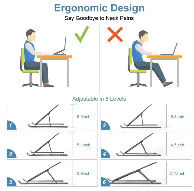Image of Adjustable Laptop Stand with Aluminum Build & Anti-Slip Silicone Rubber Pads | Portable Foldable Ergonomic Riser for Laptop & Other Devices | Ideal for Home or Office Desk Setup
