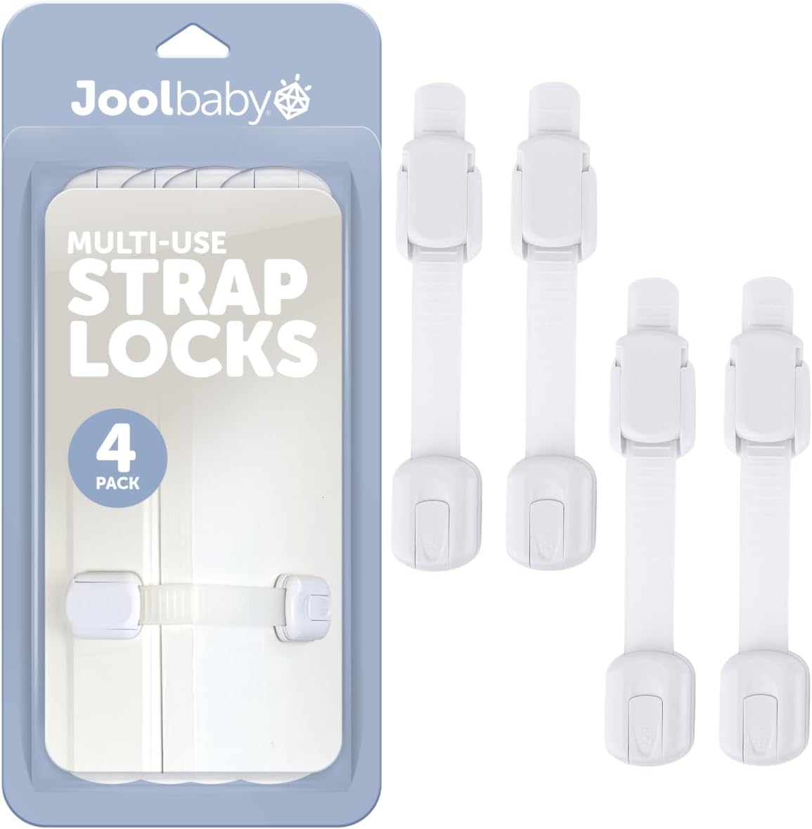 Child Safety Strap Locks (4 Pack) Baby Proof Cabinets, Drawers, Fridge, Toilet & Trash Cans – 3M Adhesive Childproof Locks – Jool Baby