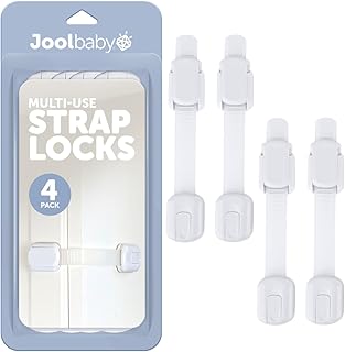 Child Safety Strap Locks (4 Pack) Baby Proof Cabinets, Drawers, Fridge, Toilet & Trash Cans – 3M Adhesive Childproof Locks – Jool Baby