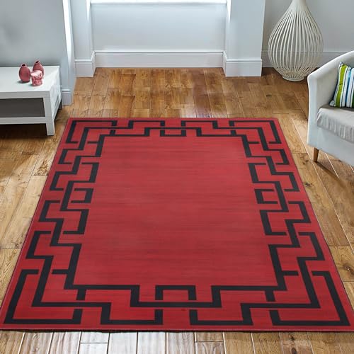 Imperial Rooms Area Rugs Living Room Large 160x230 Cm - Red Rugs for Bedroom Greek Key Style Super Soft Modern Floor Carpet Non Shedding Large Rug Easy to Clean (Lexi)