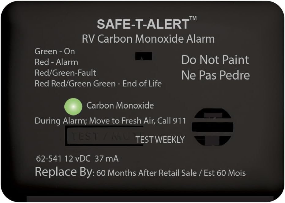 62-541-BL - Aftermarket Replacement 62 Series Carbon Monoxide Alarm - 12v - RV Surface Mount - Black Compatible with Safe-T-Alert