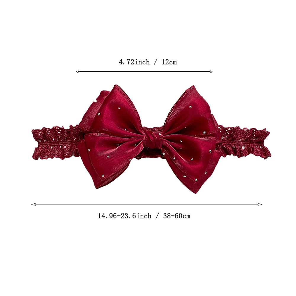 Lace Bow Baby Girl Headband Cute Gauze Bow-Knot Hair Band Elastic Turban Head Wrap Soft Lace Rhinestone Crystal Hair Accessory for Newborn Infants Toddler (Red, Standard size) - Image 4