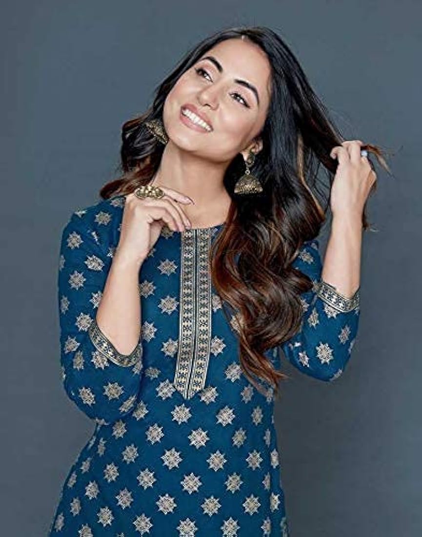 Buy Highlight Dreams Women Gold Printed Premium Straight Kurti with Palazzo in Rayon by Hina Khan (Petrol Blue) at Amazon.in Buy Highlight Dreams Women Gold Printed Premium Straight Kurti with Palazzo in Rayon by Hina Khan (Petrol Blue) at Amazon.in
