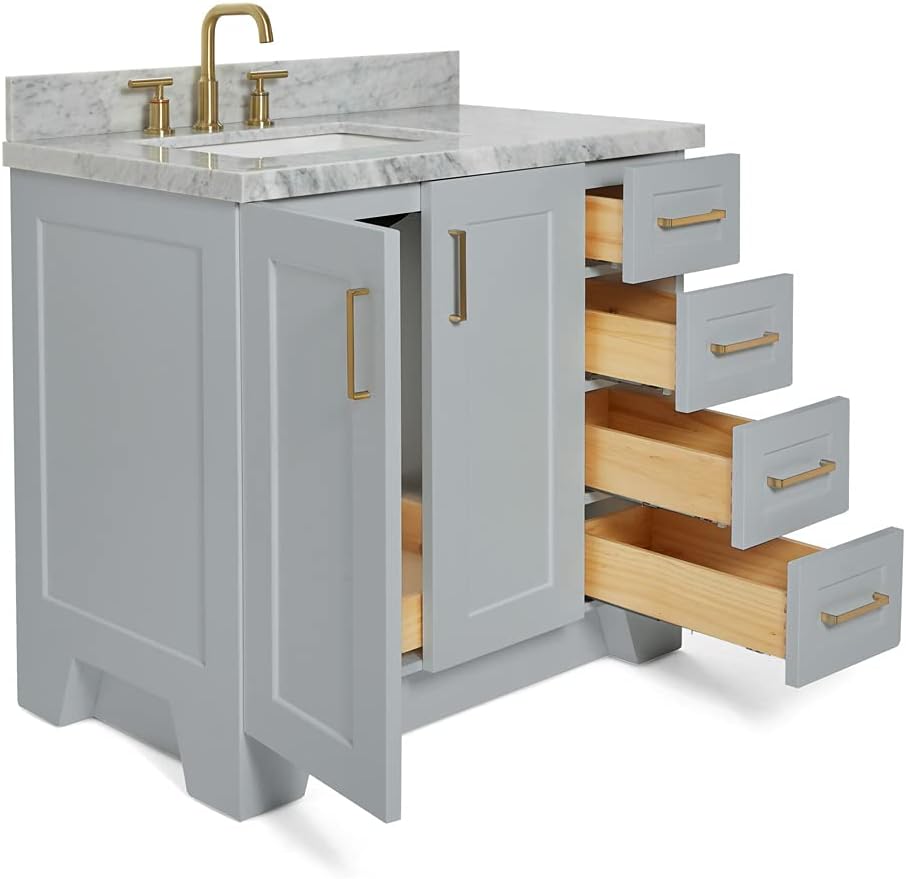 DKB Emilia 36-Inch Grey Bathroom Vanity with Sink, Solid Wood Base, 1.5-Inch Edge Italian Carrara Marble Top, Left Rectangular Sink, 2 Soft-Close Doors, 5 Drawers