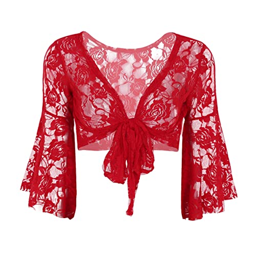 Mufeng Bolero Encaje de Danza del Vientre para Mujer Chica Cardigan Manga Larga Deporte Chaqueta Corta Capas Flores para Vestido Maillots Envoltura Fiesta Rojo a Talla Única (MUF10307681-10069483-ES) Cover