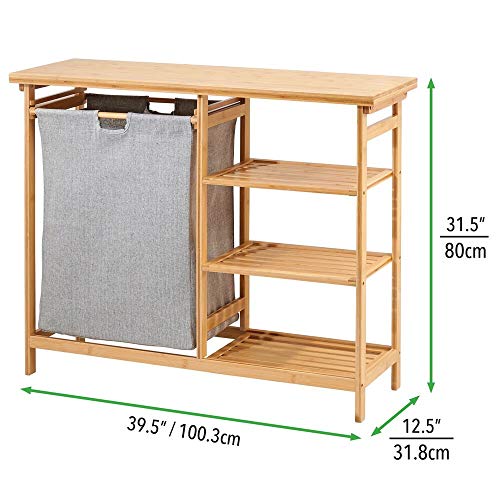 mDesign Bamboo Wood Laundry Station - Furniture Storage System with Hamper - 3 Open Storage Shelves to Organize Detergent, Liquid Fabric Softener, Bleach, Dryer Sheets, Stain Removers - Natural Finish - Thumbnail 3