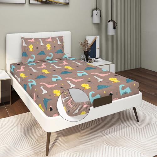 Image of RD TREND Waterproof Elastic Fitted Bedsheet for Single Bed (72x48x8 Inch) with 1 Waterproof Pillow Covers 18x28 Inch, Multi Dinosaur