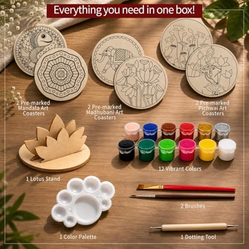 Image of Mind Pilot Art & Craft Kit for Kids & Adults | 3-in-1 Indian Painting Kit | Mandala, Madhubani & Pichwai | 6 Pre-Marked Wooden Coasters | 12 Colours | DIY Gift Set | Ages 8+