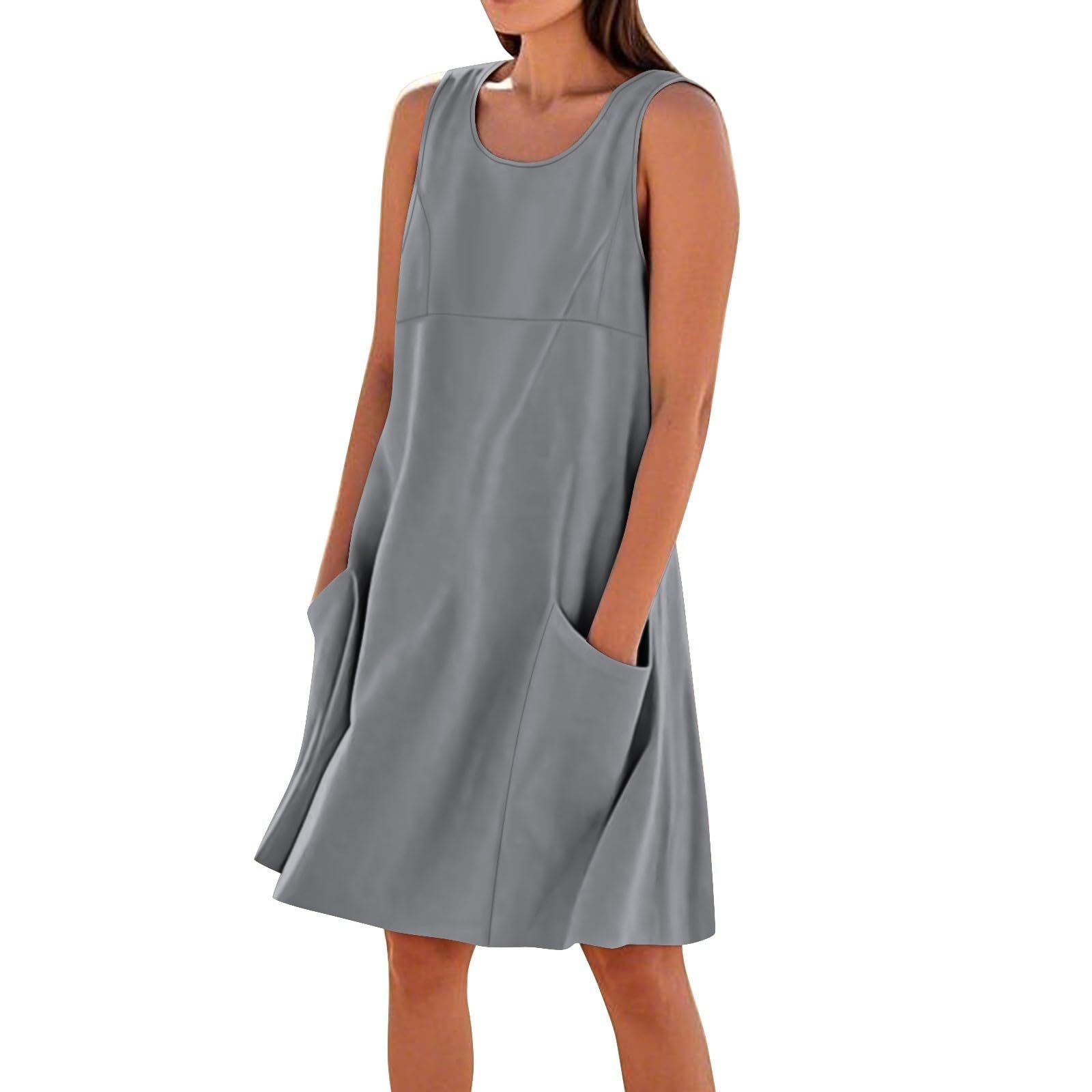 Cotton Linen Dresses for Women Casual Summer Sleeveless Tank Dress with Pockets Trendy Boho Flowy Beach Sundress(Gray,3X-Large)