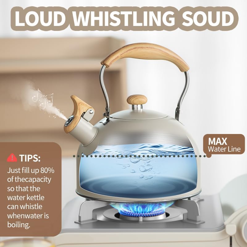 Miniatura 3 de Hervidor de agua para estufa, 2.5 cuartos de galón para estufa de gas con mango de madera con silbato fuerte, acero inoxidable de grado alimenticio,