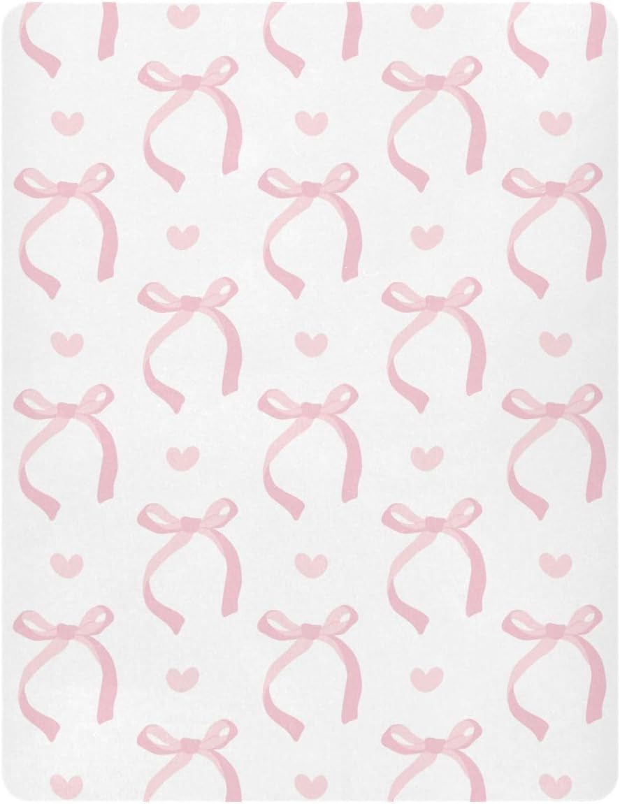 Fitted Crib Sheets Coquette Pink Ribbon Bow Stretchy Portable Playard Sheets for Baby Toddler, Breathable Soft Mini Crib Mattress 39 x 27 in for Boys and Girls