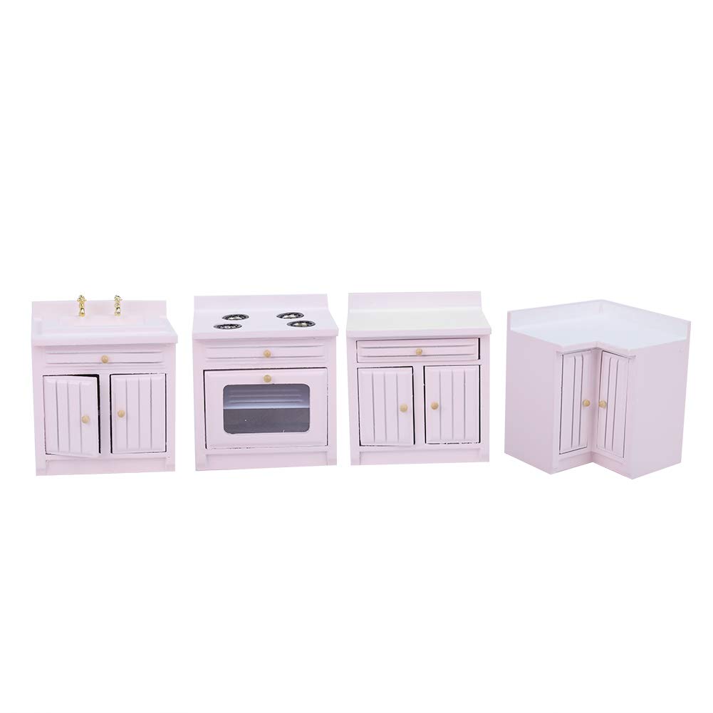 Hidyliu Casa delle Bambole in Legno Mobili da Cucina Integrali Casa in Miniatura Carina Artigianale per Ragazze Rosa (Combinazione di mobili da cucina)