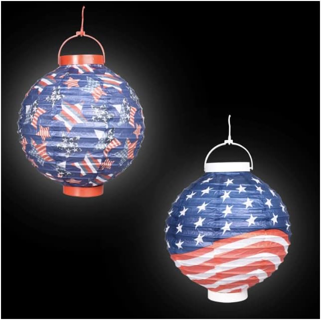 TDST Set of 4 Patriotic LED Paper Lanterns, 10 in. Battery Operated Lights Outdoor Lamp Red, White, Blue Bulk (Various Designs)