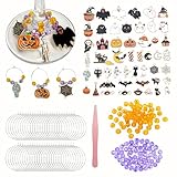 PaoShuTai 50 Sets Halloween Wine Glass Charms, Spooky DIY Drink Markers Kit for Stem Glasses, Silver Wine Charm Rings with Beads for Costume Party Favors, Witches Brew & Haunted Gatherings