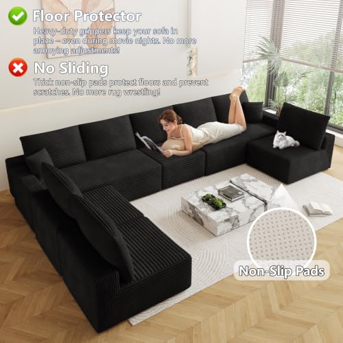 Image of Oversized Modular Sectional Sofa Couch, Large 8 Seater Corner Sofa Modern U Shaped Sectional Couch Cloud Couches for Living Room, Office, Spacious Space, Corduroy, No Assembly Required, Black