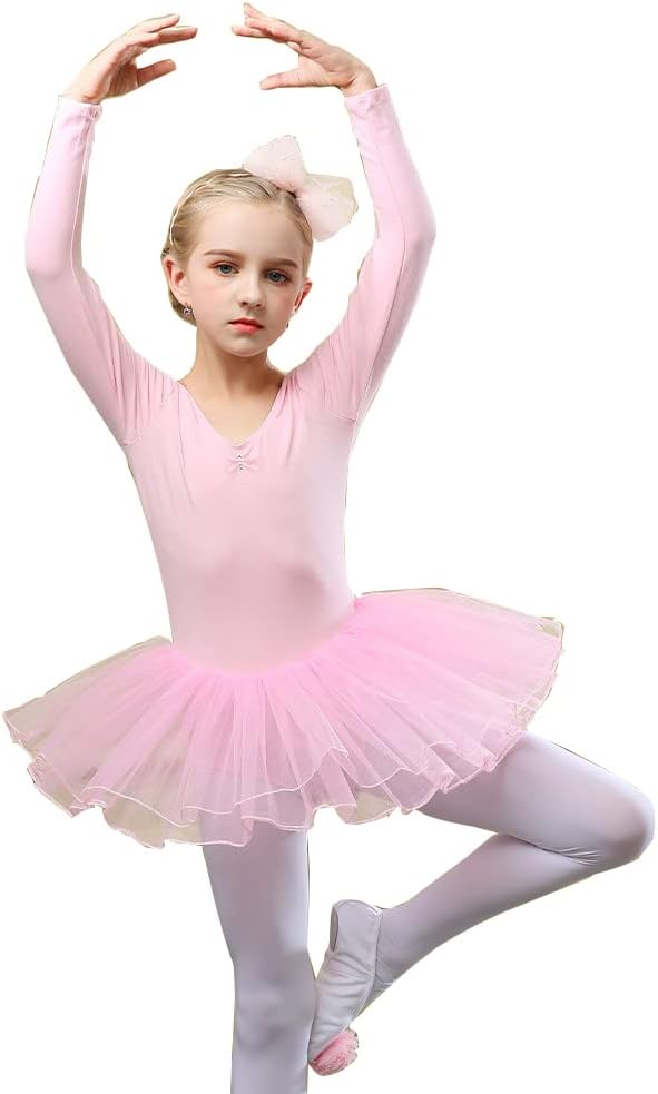 Jaffiust Girls Long Sleeve Dance Tutu Leotard with Fluffy multilayer Ballet Dress for Ballerina (18 Months - 7 Years)-Pink-110