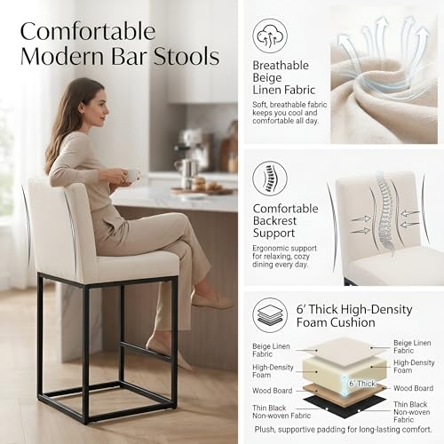 Image of HNY Modern Counter Height Bar Stools Set of 3, Linen Fabric Upholstered Bar Stool with Backs, 27 Inch Kitchen Island Stools with Black Metal Frame, Cream