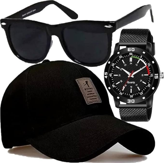 Combo Pack of 3 Stylish Dial Watch, Stylish Sport Baseball Cap & Stylish Aviator Sunglass for Men’s and Boy’s Combo Pack of 3 Stylish Dial Watch, Stylish Sport Baseball Cap & Stylish Aviator Sunglass for Men’s and Boy’s