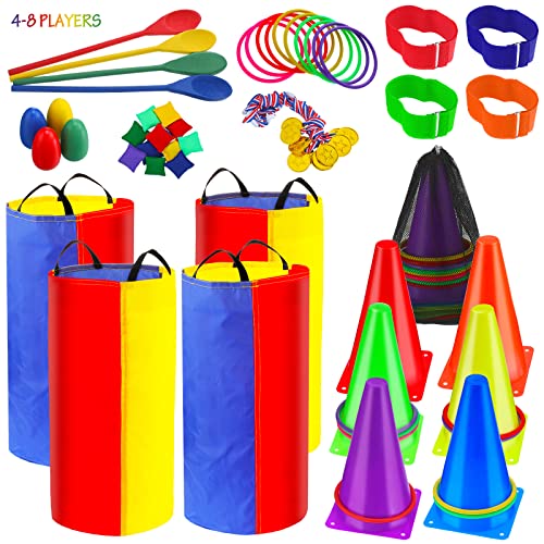53 Pieces Outdoor Lawn Game Carnival Toss Set Potato Sack Race Bags Egg and Spoon Race Party Ring Bean Bag Tossing Cones Prizes for Adult Family Birthday Party Outdoor Game Supplies by Deekin - Used condition - US$29.28