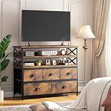 Dresser TV Stand for 50' TV, Sturdy Dresser for Bedroom with 5 Fabric Drawers and Wood Open Shelves, Chest of Drawers Storage Dressers for Entryway, Closet, Rustic Brown, 11.8' D x 39.4' W x 38.4' H