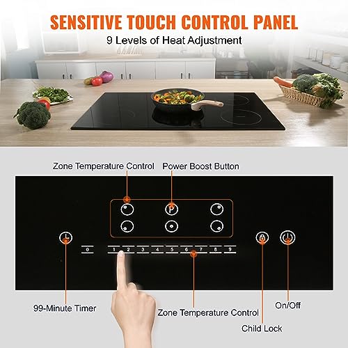 VEVOR Electric Cooktop, 5 Burners, 30'' Induction Stove Top, Built-in Magnetic Cooktop 9200W, 9 Heating Level Multifunctional Burner, LED Touch Screen w/Child Lock & Over-Temperature Protection
