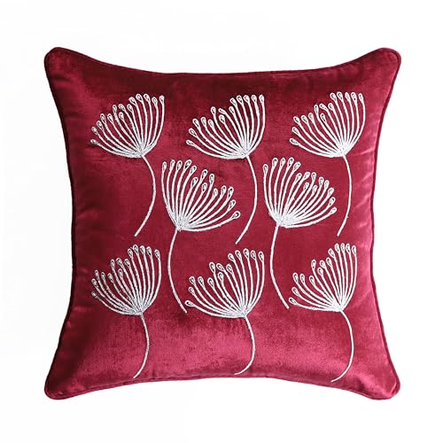 Image of Home - The Best is for You Luxurious Burgundy Velvet Cushion Covers with Embroidered Abstract Dandelion Design - Pack of 2, 16x16 Inch