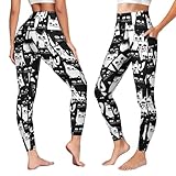 AuHomea Black and White Cat Doodle Sketch Leggings with 2 Pockets for Women High Waist Tummy Control Workout Running Yoga Pants L Size