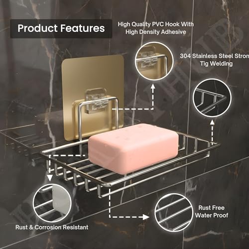 Image of Stainless Steel Soap Holder for Bathroom Stickable | Single Layer Wall Mounted Soap Dish Holder | Self Adhesive No Drill Waterproof Soap Tray | Bathroom Accessories (Set of 3)