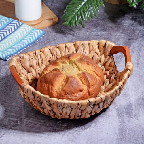 Kosova Wicker Serisi Bezli Yuvarlak Ahşap Kulplu Hasır Ekmek Sepeti