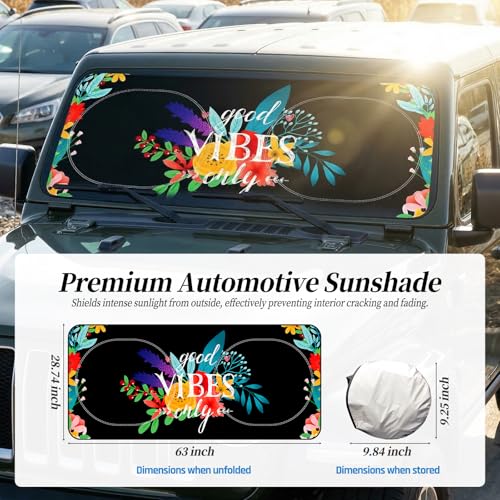 63"x28.5" Car Windshield Sun Shade with Storage Pouch, Stylish Printed Front Window Sunshade with Double Ring Frame, Universal Fit Foldable Heat Blocker & UV Protector for SUV, Sedan (Good Vibes) by JUYQZ - Image 2
