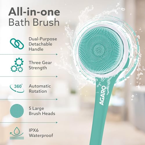 Image of AGARO Electric Bath Brush - USB Rechargeable, IPX6 Waterproof | 5 Brush Heads, 3 Cleaning Modes, 360 Rotatable Electric Shower Brush with 14.5 inch Long Handle