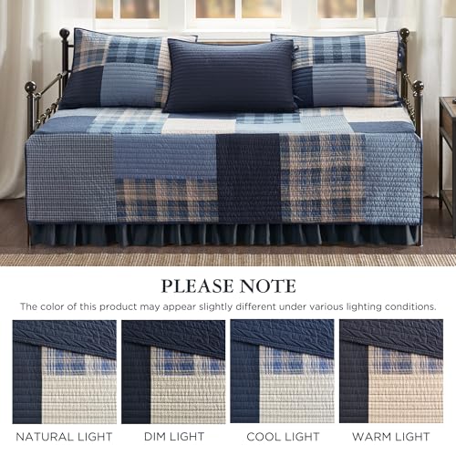 Image of Woolrich Daybed Cover Set - Cabin Lifestyle, Patchwork with Moose Design All Season, Lightweight and Breathable Cozy Bedding Layer with Bedskirt, Matching Shams, 39 inch W x 75 inch L, Blue 5 Piece