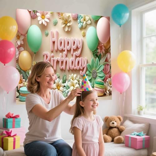 Image of Happy Birthday Backdrop for Women - 72X44 inch Banner Daisy Flower Floral Sweetmeat Happy Birthday banner for Kids Party Decor Girls Celebration Poster Cake Table Decorations Photo Booth