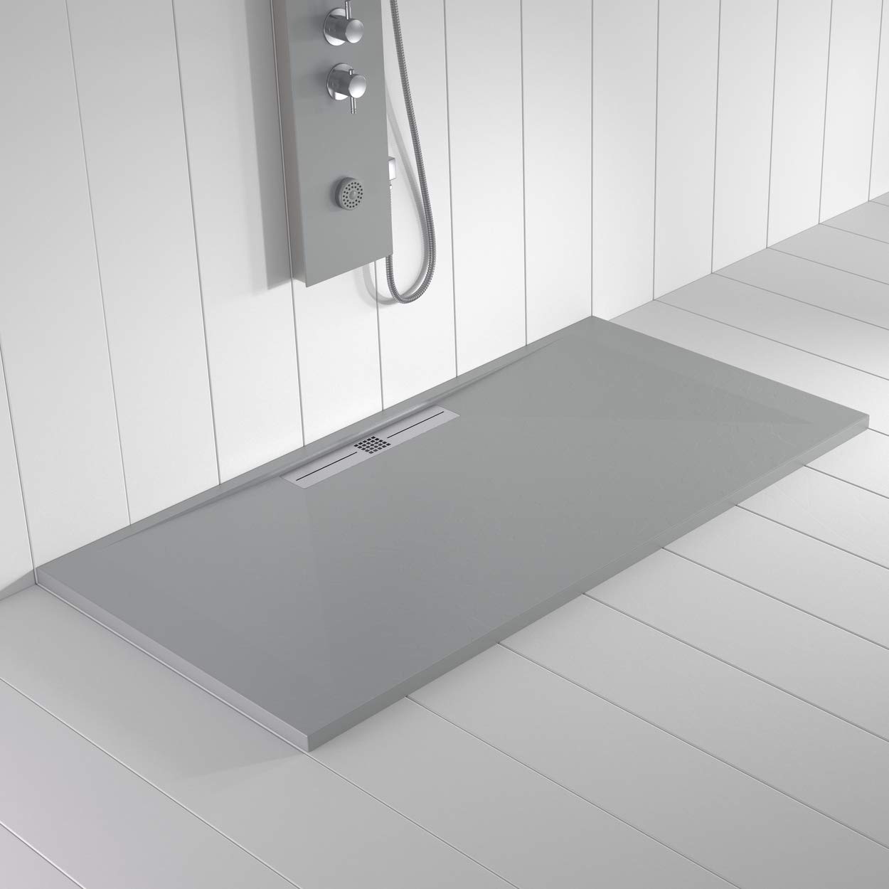 Plato de ducha Resina WIDE Gris RAL 7035-90x110 – Textura Pizarra – Antideslizante – Incluye rejilla y sifón