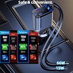 Chargeur de voiture rétractable avec projecteur Galaxy, chargeur de voiture rapide de type C avec 120W Puissance, 2 USB Ports, et câbles rétractables, compatibles avec iPhone 16/15/14/13/12/11/iPad et des modèles Galaxy S23/S22/S10
