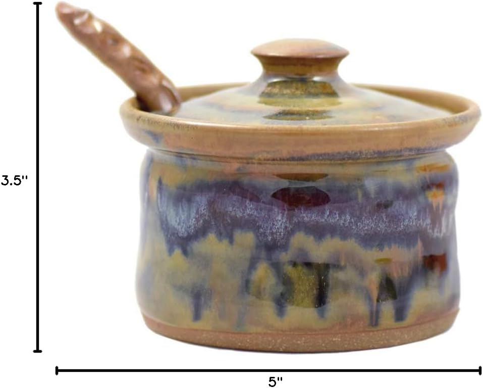 Modern Artisans Tuscan Farmhouse Collection: Lidded Stoneware Pottery Sauce Dish with Sculpted Spoon, American Made