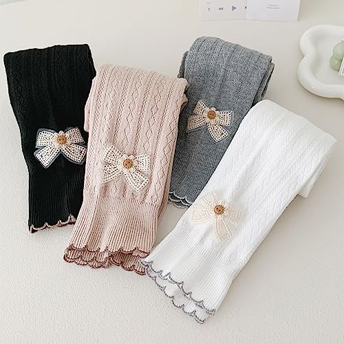 Silkglory Girls Leggings For Little Girls, (2 Pack) Toddler Girl Warm Bottom Pants With Delicate Bow Decoration 4-5T, White/Black #TOP5