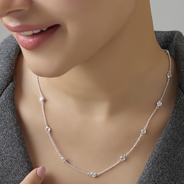 Image of TRUESILVER ACPL 925 Sterling Silver BIS Hallmarked Round Cubic Zirconia Station Cable Link Chain Necklace for Women and Girls