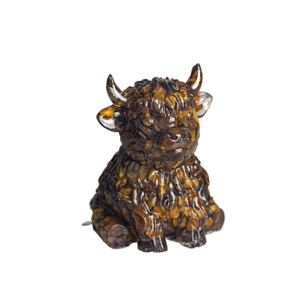 HUFFA Resin-Filled Natural Crystal Cow Ornament - Fortune-Attracting Desk Decoration(Tigereye)
